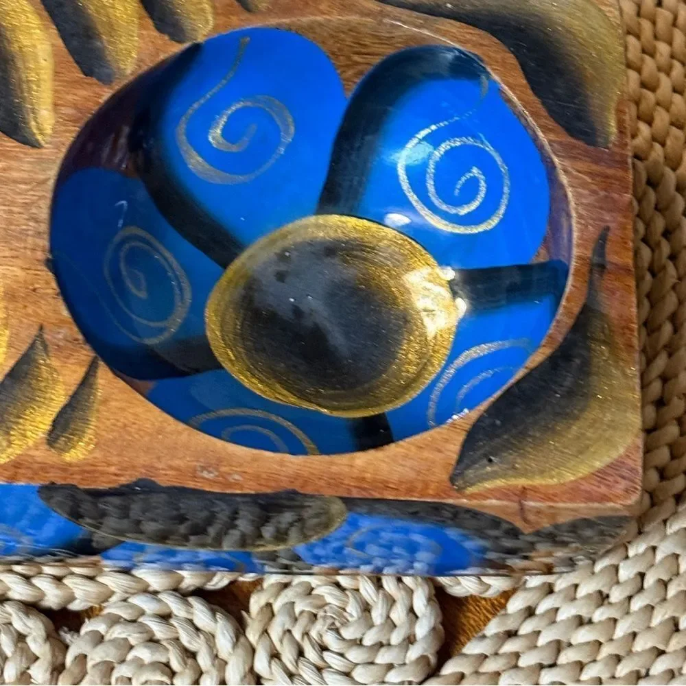 Vintage Hand Painted Wooden Serving Condiment or Trinket Tray Gold Blue Black